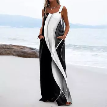 Женский модный повседневный свободный комбинезон без рукавов с карманами и принтом XL чёрный