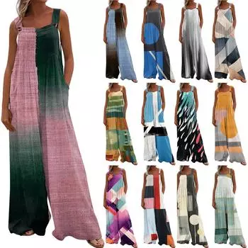 Женский модный повседневный свободный комбинезон без рукавов с карманами и принтом L чёрный