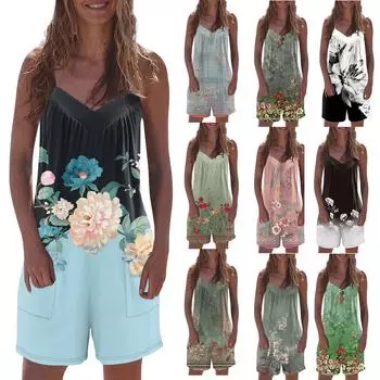 Женский модный повседневный свободный комбинезон без рукавов с v-образным вырезом и карманами с принтом L армия зеленый