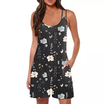 Женский модный повседневный свободный комбинезон без рукавов с карманами и принтом на подтяжках L синий