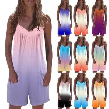 Женский модный повседневный свободный комбинезон без рукавов с v-образным вырезом и карманами с принтом L чёрный