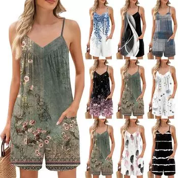 Женский модный повседневный свободный комбинезон без рукавов с v-образным вырезом и карманами с принтом L чёрный