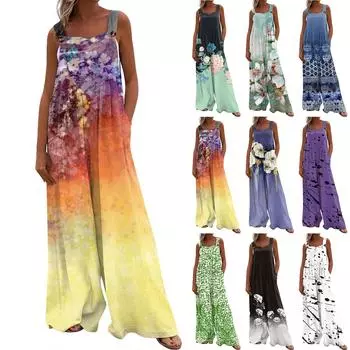 Женский модный повседневный свободный комбинезон без рукавов с карманами и принтом L чёрный