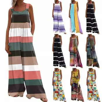 Женский модный повседневный свободный комбинезон без рукавов с карманами и принтом L чёрный