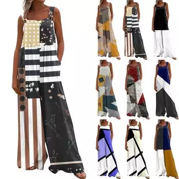 Женский модный повседневный свободный комбинезон без рукавов с карманами и принтом L бежевый