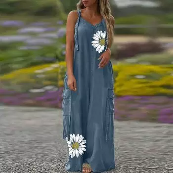 Женский модный повседневный свободный комбинезон с карманами и V-образным вырезом с принтом L синий