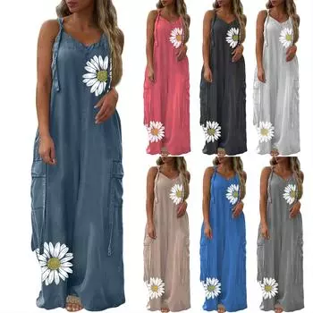 Женский модный повседневный свободный комбинезон с карманами и V-образным вырезом с принтом L чёрный