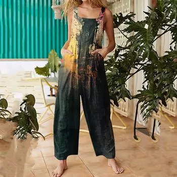 Женский модный повседневный свободный комбинезон с широкими штанинами и винтажным принтом, с лямками на спине L чёрный