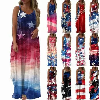 Женский модный повседневный свободный комбинезон с V-образным вырезом и карманами на День независимости с принтом L