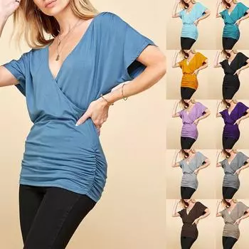 Женский модный повседневный свободный крой, повседневный модный плиссированный топ с v-образным вырезом в сочетании с брюками и юбкой с короткими рукавами L чёрный