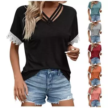 Женский модный повседневный свободный кружевной однотонный топ с короткими рукавами и строчкой XXL чёрный