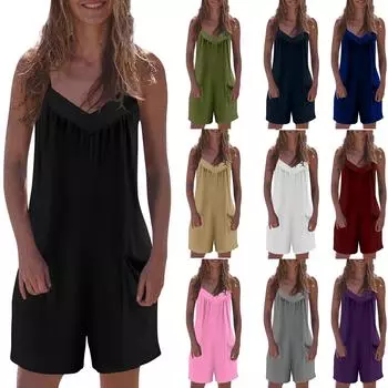 Женский модный повседневный свободный однотонный комбинезон без рукавов с v-образным вырезом и карманами L