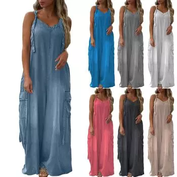 Женский модный повседневный свободный однотонный комбинезон с карманами и V-образным вырезом L чёрный