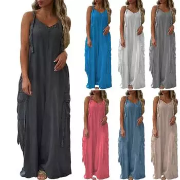 Женский модный повседневный свободный однотонный комбинезон с карманами и V-образным вырезом L чёрный