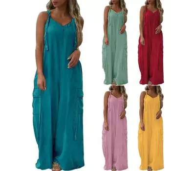 Женский модный повседневный свободный однотонный комбинезон с карманами и V-образным вырезом L