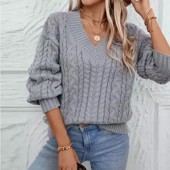 Женский модный повседневный свободный однотонный пуловер в стиле ретро с кабельным узором, V-образным вырезом и длинным рукавом, вязаный свитер L