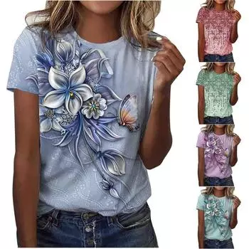 Женский модный повседневный свободный пуловер с коротким рукавом и принтом с круглым вырезом L синий