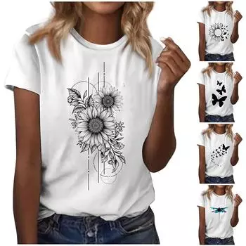 Женский модный повседневный свободный пуловер с коротким рукавом и принтом с круглым вырезом XL шампанского