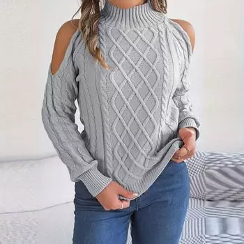 Женский модный повседневный свободный свитер с открытыми плечами и полувысоким воротом, однотонный, с длинными рукавами, пуловер, топ L