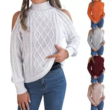 Женский модный повседневный свободный свитер с открытыми плечами и полувысоким воротом, однотонный, с длинными рукавами, пуловер, топ L