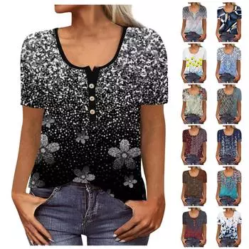 Женский модный повседневный свободный топ на пуговицах с v-образным вырезом и короткими рукавами с этническим принтом XXXL хаки