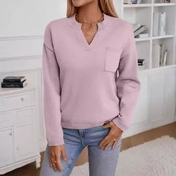 Женский модный повседневный свободный вязаный свитер с открытым воротником, с длинными рукавами, удобный свитер с карманом, свитер-пуловер XL