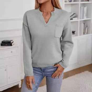 Женский модный повседневный свободный вязаный свитер с открытым воротником, с длинными рукавами, удобный свитер с карманом, свитер-пуловер S