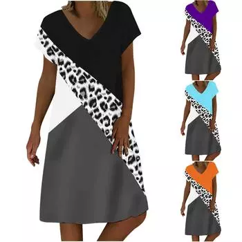 Женский модный повседневный темпераментный пуловер с v-образным вырезом и коротким рукавом с принтом, свободное платье XXL чёрный