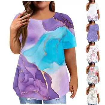 Женский модный повседневный топ больших размеров с цветочным принтом, круглым вырезом и короткими рукавами XL