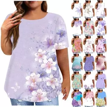 Женский модный повседневный топ больших размеров с цветочным принтом, круглым вырезом и короткими рукавами XL