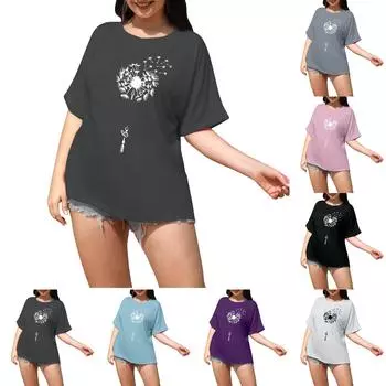 Женский модный повседневный топ большого размера с частичным принтом и круглым вырезом с короткими рукавами L бежевый