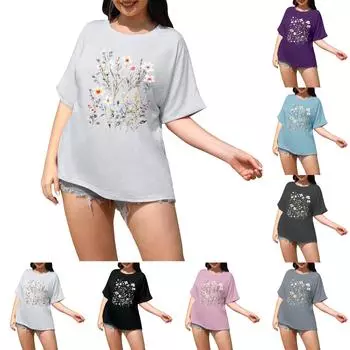 Женский модный повседневный топ большого размера с частичным принтом и круглым вырезом с короткими рукавами L чёрный