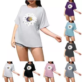 Женский модный повседневный топ большого размера с частичным принтом и круглым вырезом с короткими рукавами L