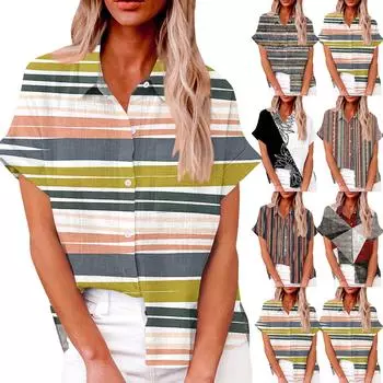 Женский модный повседневный топ на пуговицах с рукавом 3/4 в горизонтальную полоску с принтом и лацканами L чёрный