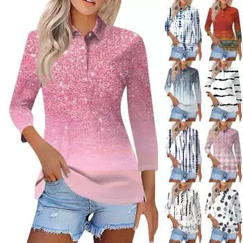 Женский модный повседневный топ на пуговицах с рукавом 3/4 и геометрическим принтом с лацканами L чёрный