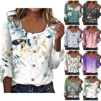 Женский модный повседневный топ на пуговицах с рукавом три четверти с цветочным принтом и круглым вырезом XXL розовый
