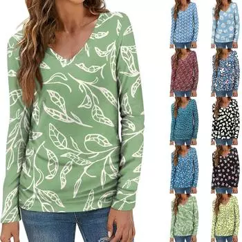 Женский модный повседневный топ на пуговицах с длинным рукавом и цветочным принтом, v-образным вырезом и пуговицами XXXL