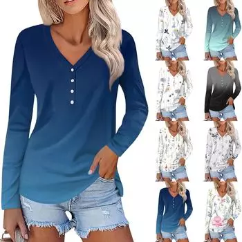Женский модный повседневный топ на пуговицах с длинным рукавом и цветочным принтом, v-образным вырезом и пуговицами L темно-фиолетового