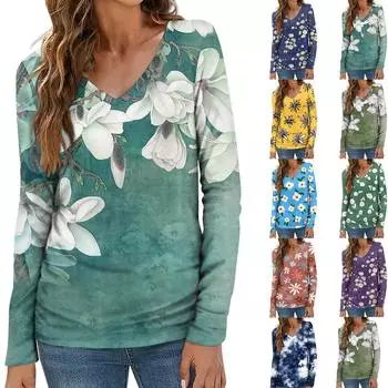 Женский модный повседневный топ на пуговицах с длинным рукавом и цветочным принтом, v-образным вырезом и пуговицами XXXL красный