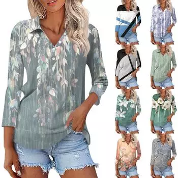 Женский модный повседневный топ на пуговицах с длинным рукавом и цветочным принтом, v-образным вырезом и пуговицами L красный