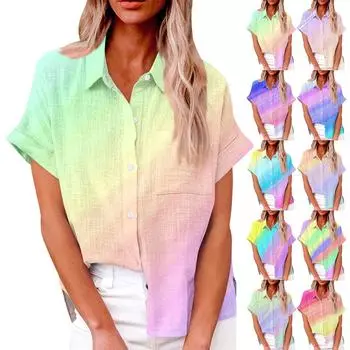 Женский модный повседневный топ на пуговицах с рукавом три четверти с градиентным принтом и лацканами L бежевый