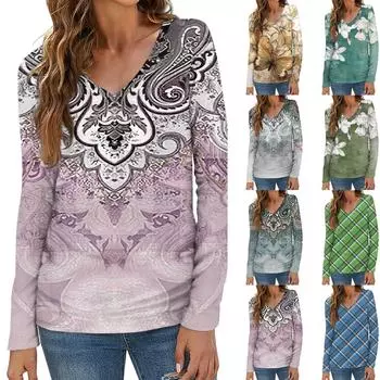 Женский модный повседневный топ на пуговицах с длинным рукавом и цветочным принтом, v-образным вырезом и пуговицами XXXL