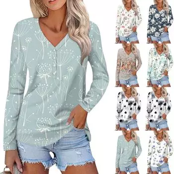 Женский модный повседневный топ на пуговицах с длинным рукавом и цветочным принтом, v-образным вырезом и пуговицами XL
