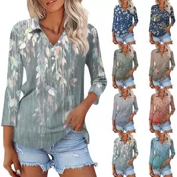 Женский модный повседневный топ на пуговицах с длинным рукавом и цветочным принтом, v-образным вырезом и пуговицами XL