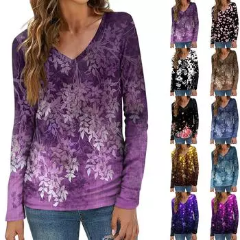 Женский модный повседневный топ на пуговицах с длинным рукавом и цветочным принтом, v-образным вырезом и пуговицами XL синий