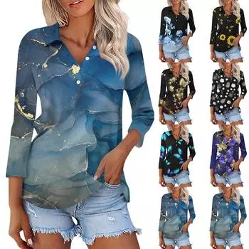Женский модный повседневный топ на пуговицах с длинным рукавом и цветочным принтом, v-образным вырезом и пуговицами S