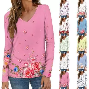 Женский модный повседневный топ на пуговицах с длинным рукавом и цветочным принтом, v-образным вырезом и пуговицами S киноварь