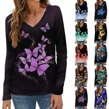 Женский модный повседневный топ на пуговицах с длинным рукавом и цветочным принтом, v-образным вырезом и пуговицами XXXL синий