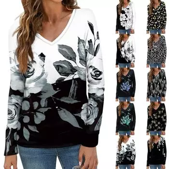 Женский модный повседневный топ на пуговицах с длинным рукавом и цветочным принтом, v-образным вырезом и пуговицами XXXL