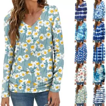 Женский модный повседневный топ на пуговицах с длинным рукавом и цветочным принтом, v-образным вырезом и пуговицами XL